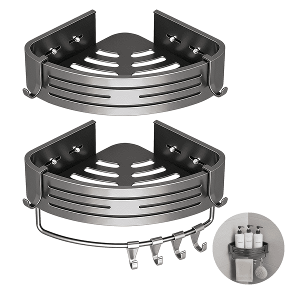 2-Tier Corner Shower Caddy, No Drilling Shower Organizer with Towel Bar and Hooks, 11.8x8.9x2.6 in Adhesive Shower Shelf, Rustproof Aluminum Bathroom Corner Storage