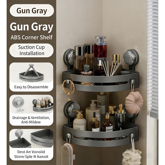 LOSFTES 2-Tier Corner Shower Caddy with Powerful Suction Cups, No Drilling Bathroom Organizer, Gray PP Shelf