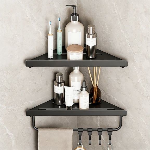 2-Tier Corner Shower Shelf with 4 Hooks, Drill-Free/Drill Installation, Rustproof Adhesive Wall Mounted Shower Storage, Triangular Bathroom Organizer for Shampoo, Soap, Towels, Black