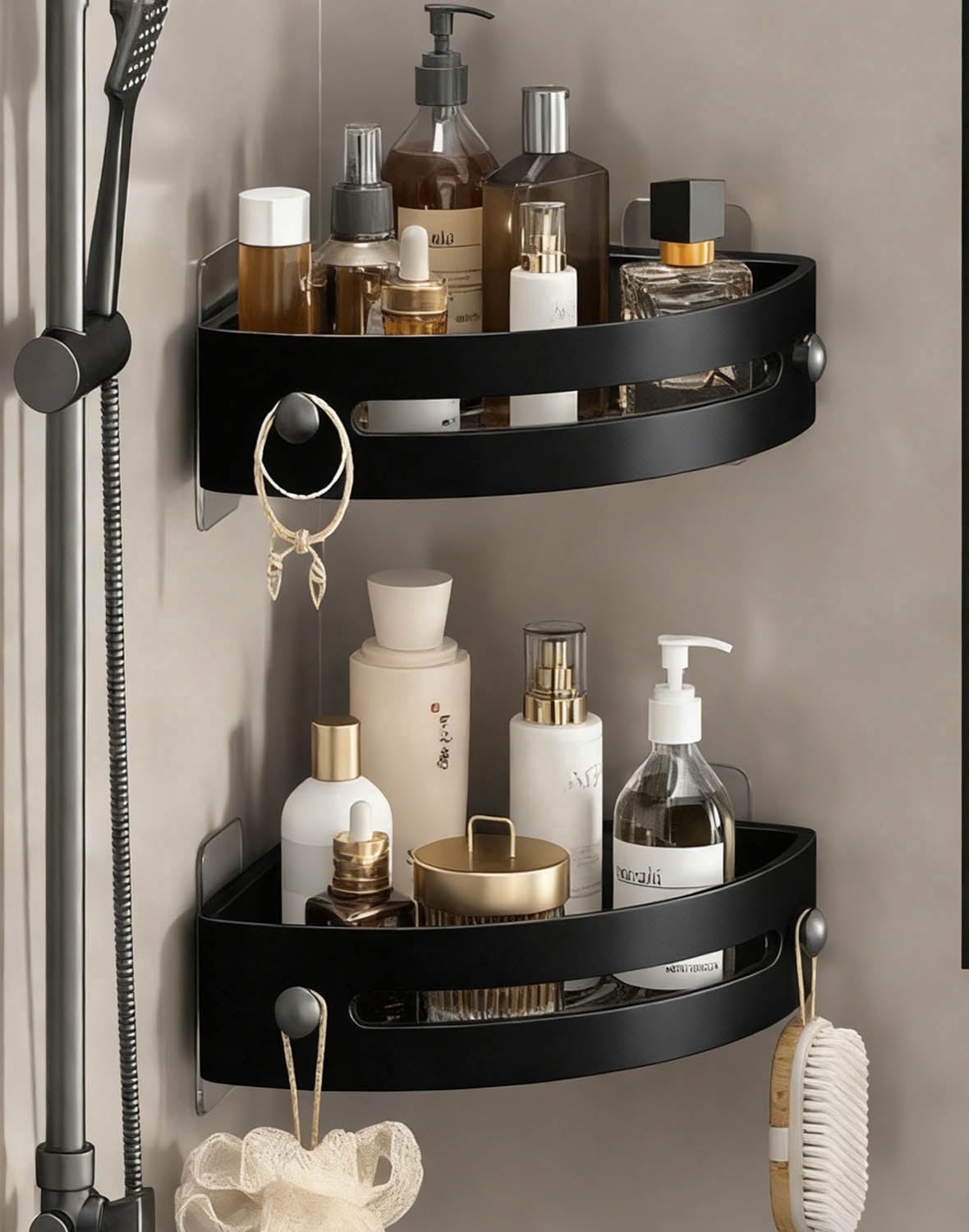2-Tier Corner Shower Shelf, No Drilling Adhesive or Screw Mount, Heavy Duty Bathroom Corner Shelf Organizer with 24lbs Capacity, No Hooks, Space Saving Quick-Dry PP Shower Caddy for Bath Tub - Black