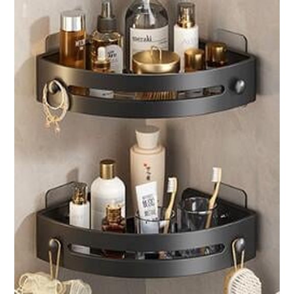 2-Tier Corner Shower Shelf No Drilling Adhesive Wall Mounted Bathroom Storage Organizer, Self-Adhesive Drill-Free Quick-Dry Ventilated Durable Space Saving Shower Caddy for Bath Corner - Black