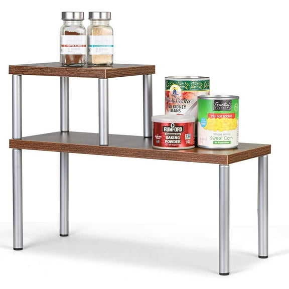 2-Tier Counter Storage Shelf, Stackable Cabinet Shelf Organizers for Kitchen Bathroom Office Living Room, Rustic Wood and Metal