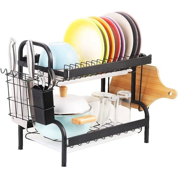 2-Tier Countertop Dish Drying Rack w/Utensil Holder Dish Drainer for Kitchen