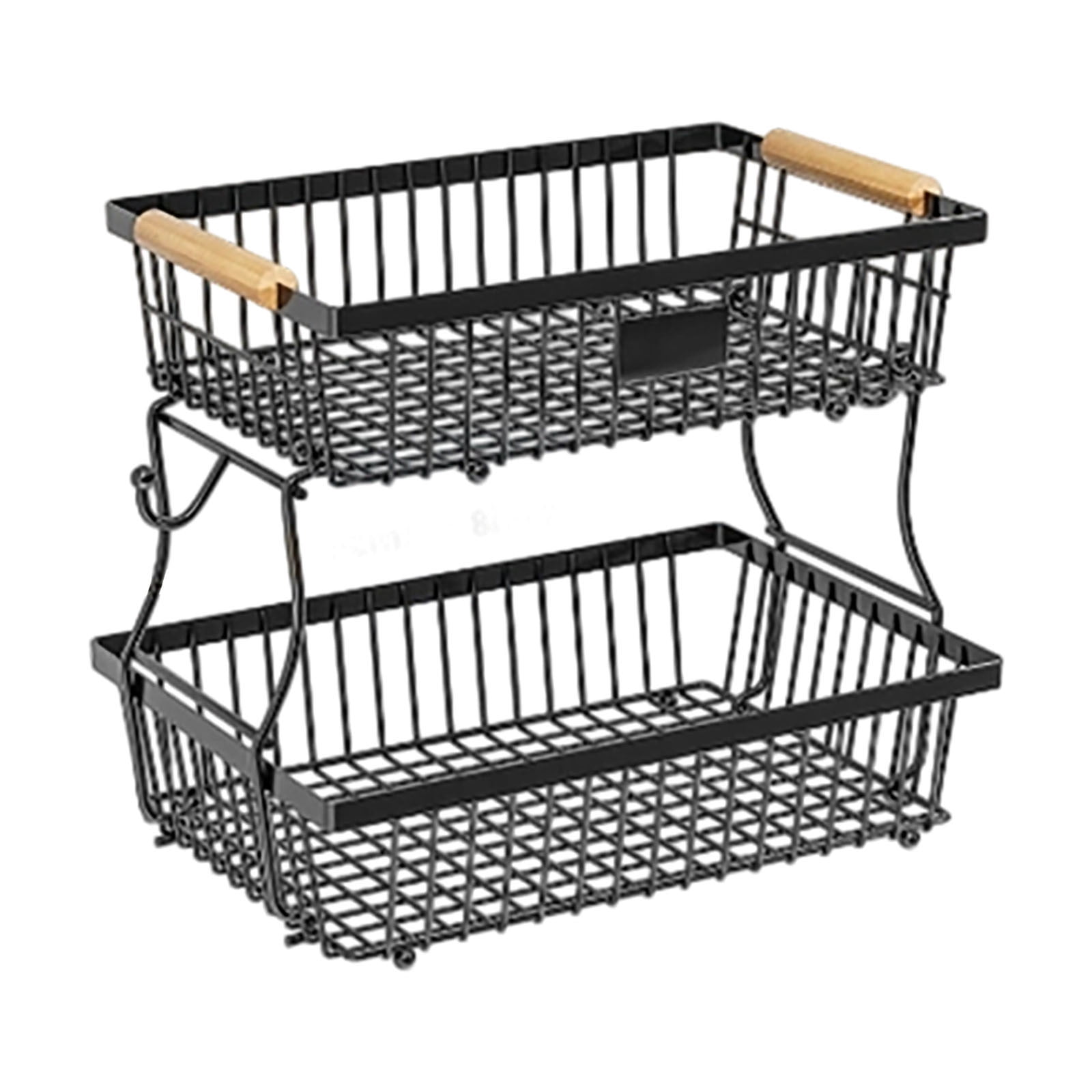 2 Tier Countertop Fruit Basket Bowl for Kitchen, Detachable Metal Organizer for Bread Vegetable Fruits with Wooden Handle, Large Capacity Storage Basket for Bread Snack Veggies Produce