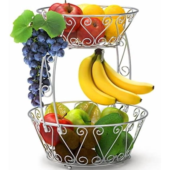 2-Tier Countertop Fruit Basket Bowl Storage, Chrome