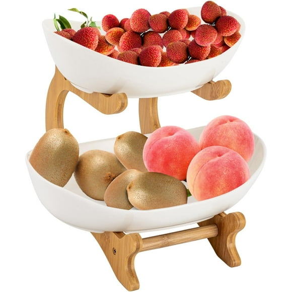 2-Tier Countertop Fruit Basket Holder & Decorative Bowl Storage Stand, Ceramic Fruit Stand Fruits Basket Vegetables Bowl Storage Bread Bowl Vegetable Holder Detachable For Kitchen (White)
