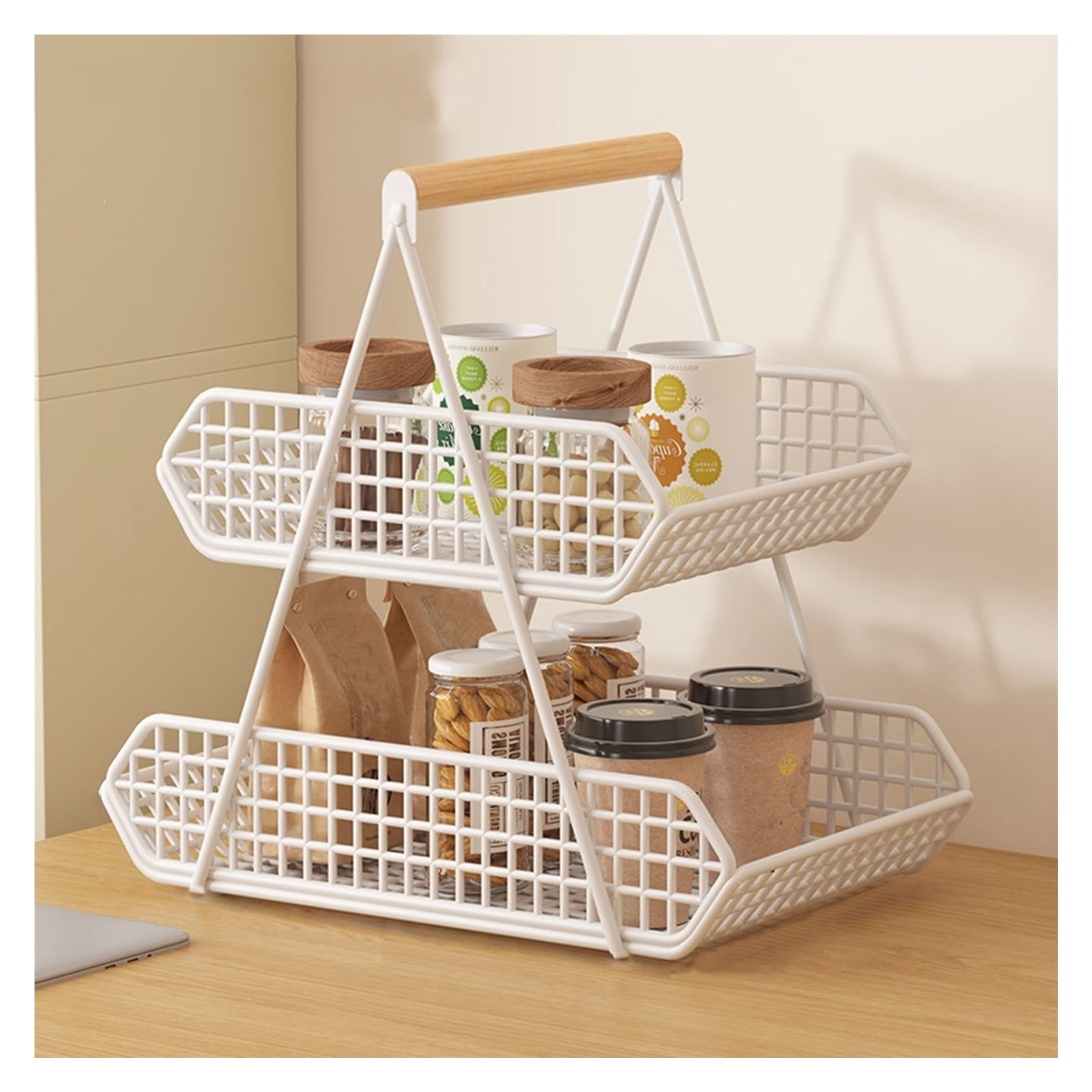 2 Tier Countertop Fruit Basket with Wooden Carrying Handles, Kitchen ...
