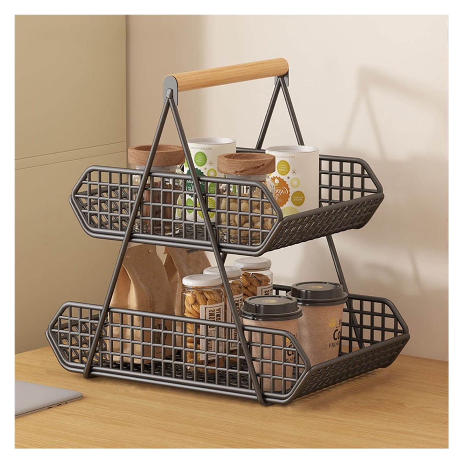 2 Tier Countertop Fruit Basket with Wooden Carrying Handles, Kitchen ...