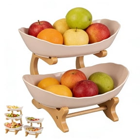2 Tier Countertop Fruit Organizer Basket for Kitchen Counter, Natural Bamboo Stand, Tiered Serving Tray Stand for Kitchen Counter Vegetable Snack Bread Party Dessert Display