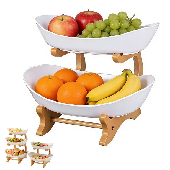 2 Tier Countertop Fruit Organizer Basket for Kitchen Counter, Natural Bamboo Stand, Tiered Serving Tray Stand for Kitchen Counter Vegetable Snack Bread Party Dessert Display