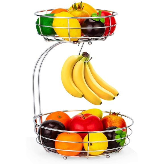 2-Tier Countertop Fruit Veables Basket Bowl Storage With Banana Hanger,Chrome