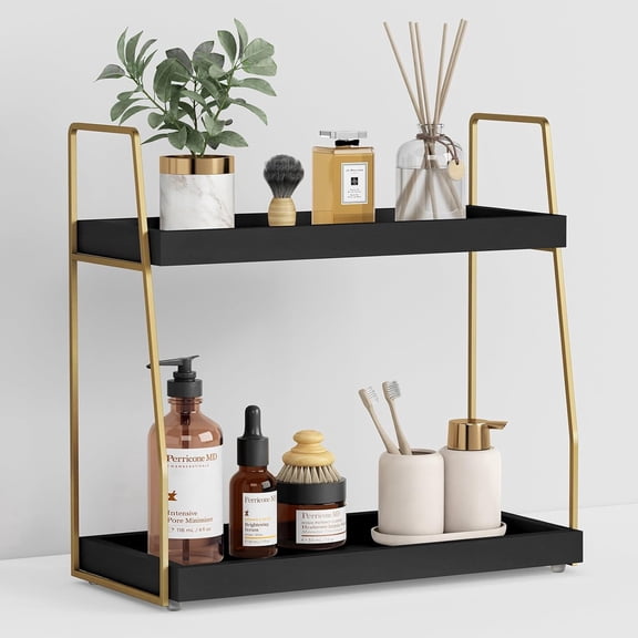 2-Tier Countertop Organizer, Black and Gold Wood Shelf for Bathroom Decor, Vanity Storage, Makeup Tray for Bedroom or Sink
