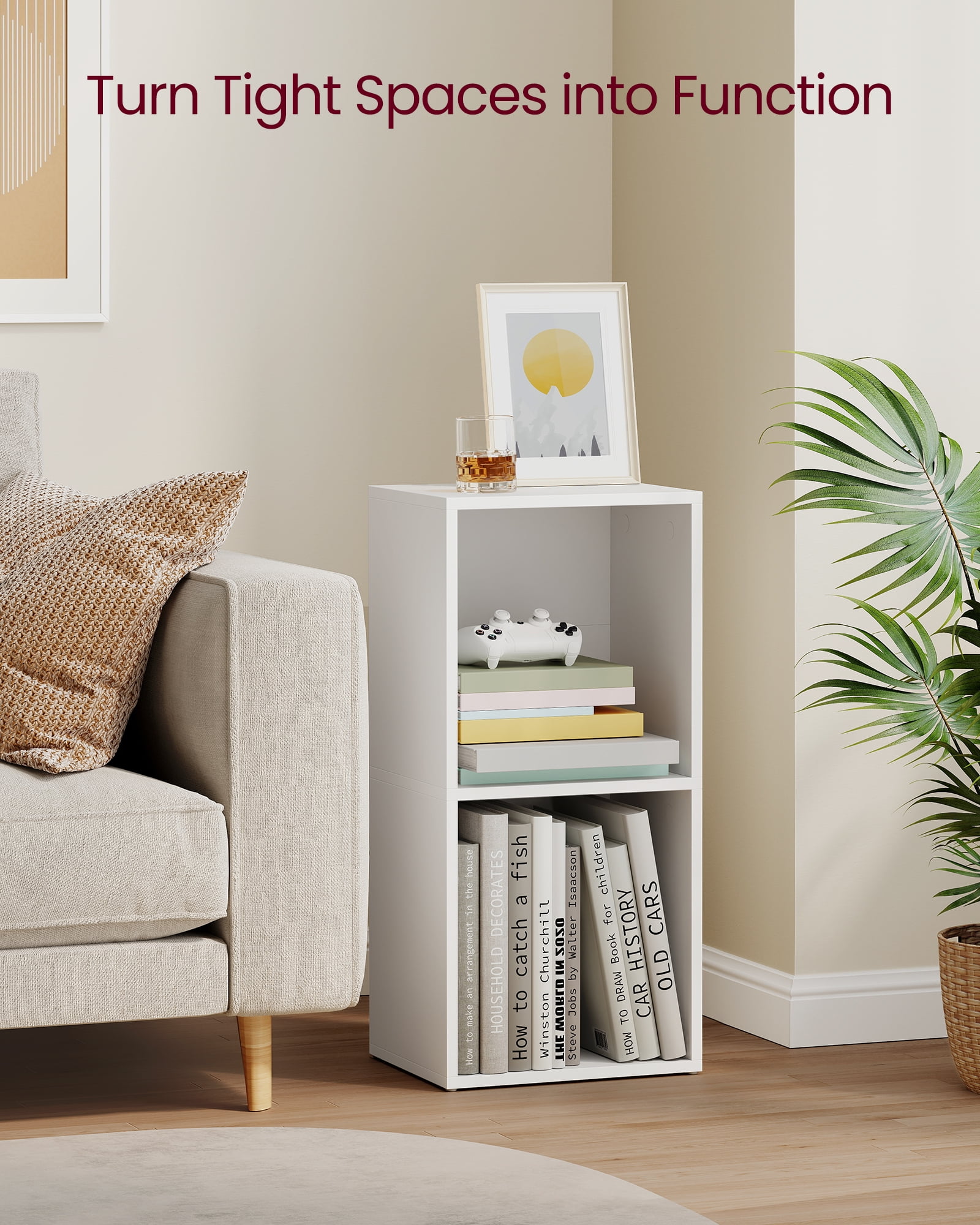 2-Tier Cube Bookcase, Open Shelf Organizer for Living Room, Office, Space-Saving Corner Design, Easy Assembly, White