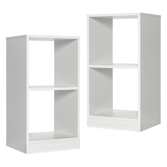 2-Tier Cube Bookcase Set of 2, Wooden Cubby Storage Organizer with Anti-toppling Device, Small Book Shelf for Small Spaces, White Bookshelf, Modern Display Shelves for Living Room, Bedroom