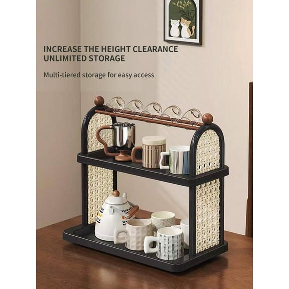 2-Tier Cup and Tea Storage Rack, Antique Double-Layer Metal Desktop Organizer for Coffee Mugs, Kitchen Countertop Cup Holder and Bedroom Cosmetic Display, Black