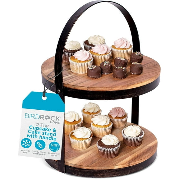 2-Tier Cupcake and Cake Stand with Handle - Rustic Wood & Iron Dessert Serving Tray - Farmhouse Style Table Display for Cookies, Appetizers, and Treats - Round, Modern, Decorative