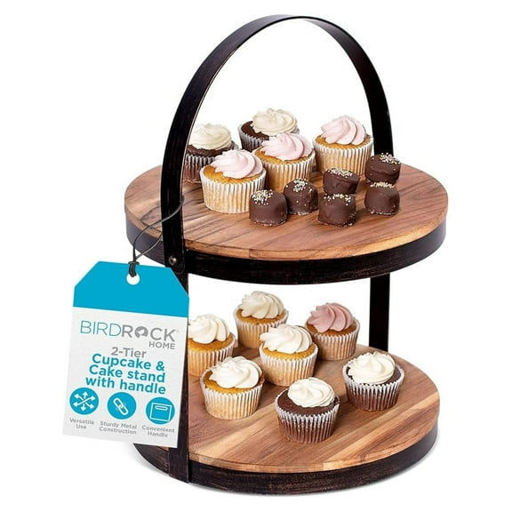 2-Tier Cupcake Stand with Handle - Rustic Wood & Iron Dessert Tray - Farmhouse Style Display for Parties, Cookies, Appetizers - Round Decorative Stand