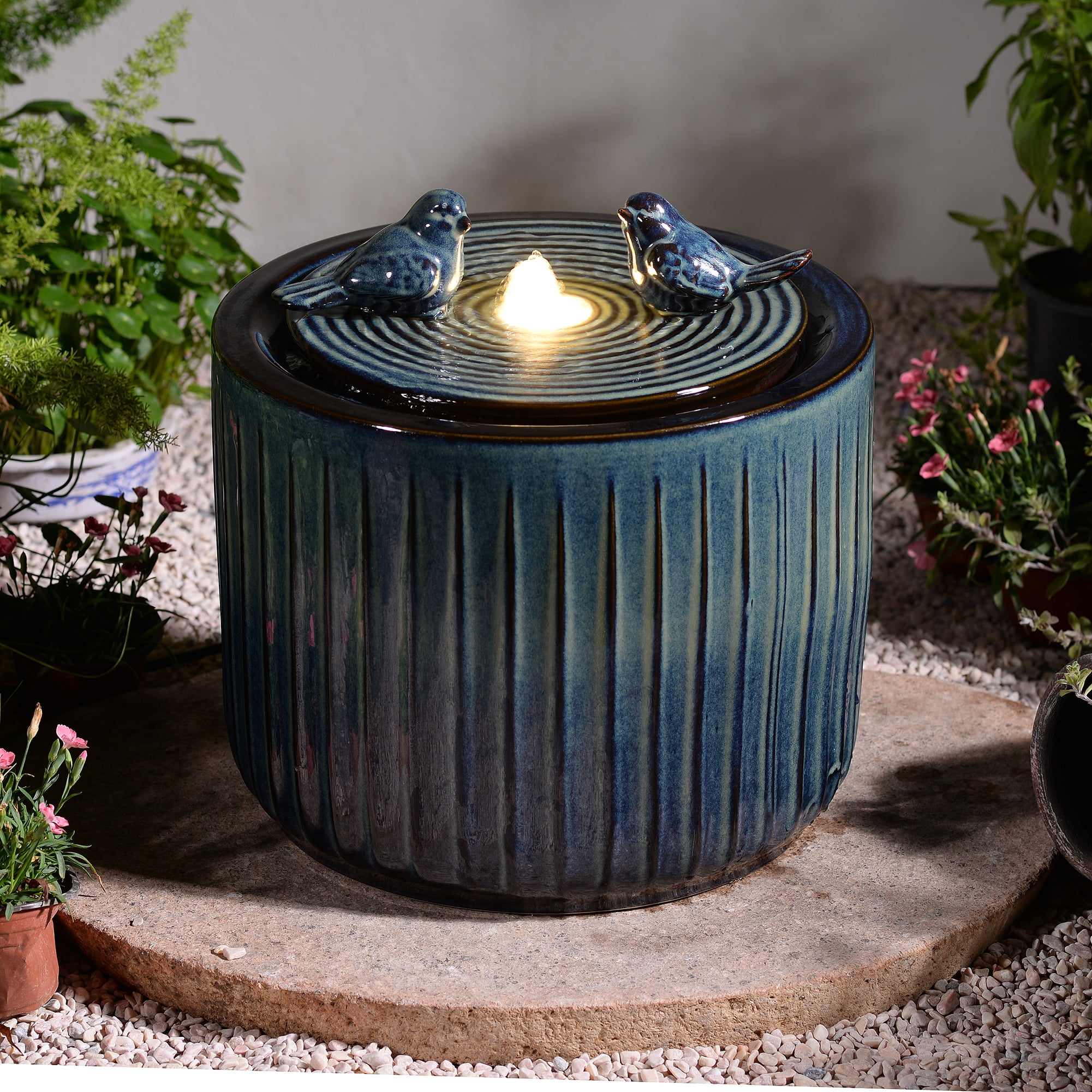 2-Tier Dark Blue Ceramic Bird Bath Fountain, Decorative Water Fountain with LED Lights and Quiet Pump, Indoor Outdoor Water Feature for Patio, Garden, Deck, Balcony, Office and Home Décor