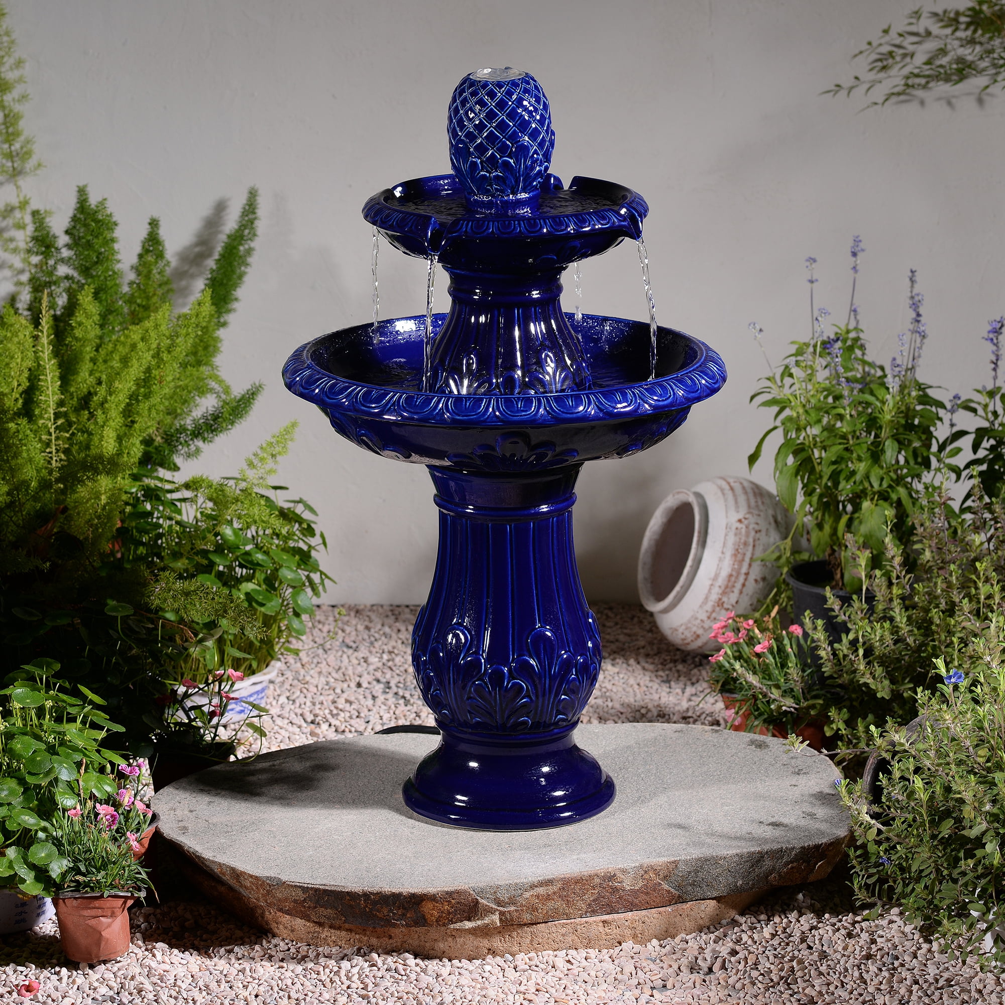 2-Tier Dark Blue Ceramic Pedestal Fountain, Decorative Water Fountain with LED Lights and Quiet Pump, Indoor Outdoor Water Feature for Patio, Garden, Deck, Balcony, Office and Home Décor