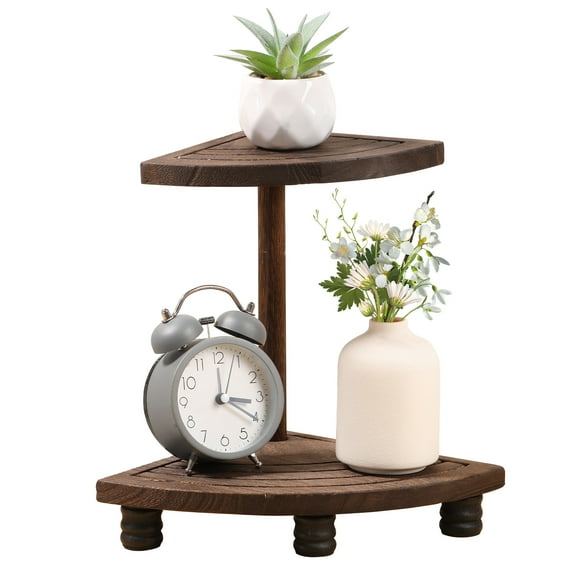2 Tier Decorative Wood Riser for Display Rustic Corner Shelf Farmhouse Style Countertop Bathroom Organizer for Kitchen Bathroom Counter Decor