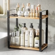 2-Tier Delamu Bathroom Counter Organizer, Metal Wood Make up Organizer for Bathroom Storage, Countertop Skincare Organizers for Vanity, Counter Shelf, Black