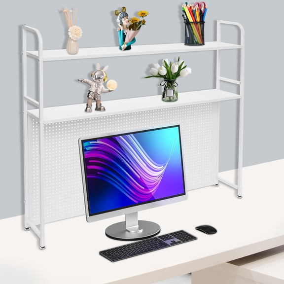 2-Tier Desktop Bookshelf for Computer Desk, 45.3"W Iron Hutch Countertop Bookcase, White Office Storage Rack with Wide Baffle for Home Office Study (Desktop Bookcase)