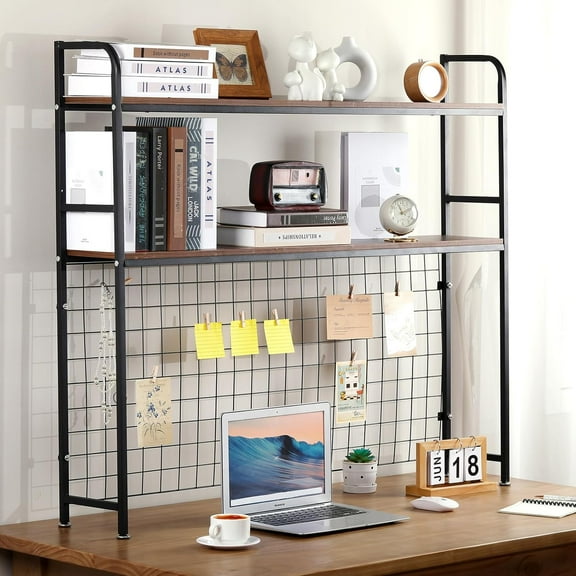 2-Tier Desktop Bookshelf Desk Hutch Metal Desk Shelf Bookcase with Grid Panel Display Rack, Multipurpose Wood Desktop Hutch Countertop Storage Organizer for Dorm Office Home Black 45.3 W