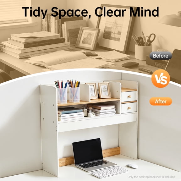 2-Tier Desktop Bookshelf with Drawers White Desk Hutch for Computer Small Table Storage Rack Tabletop Display Organizer Home, Study Desk Accessories for Office, Library, Living Room