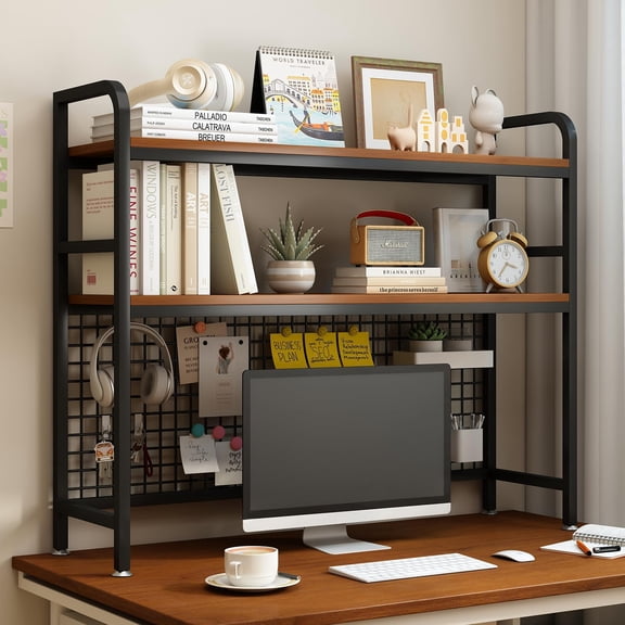 2-Tier Desktop Hutch Bookshelf - Metal Desk Shelf Bookcase with Grid Panel, Countertop Storage Organizer Rack for Dorm or Office, Black, 45.3" W