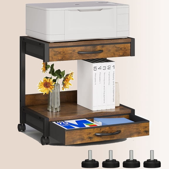 2-Tier Desktop Printer Stand with 2 Fabric Drawers, Prtiner Table with Storage Shelf, Desk Organizer for Home Office,3D Printer,Fax Machine,Scanner (Brown, 2 Tier)