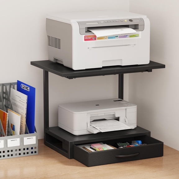2-Tier Desktop Printer Stand with Fabric Drawer, Prtiner Table with Storage Shelf, Desk Organizer for Home Office,3D Printer,Fax Machine,Scanner, 17.3"x11.8" Black