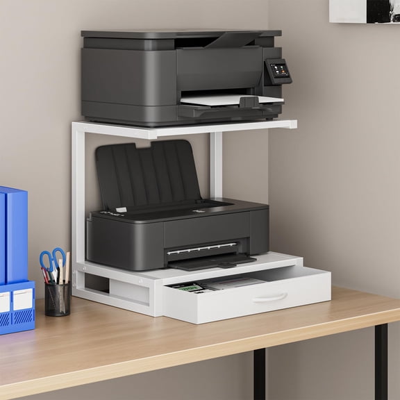 2-Tier Desktop Printer Stand with Fabric Drawer, Prtiner Table with Storage Shelf, Desk Organizer for Home Office,3D Printer,Fax Machine,Scanner, 17.3"x11.8" Black