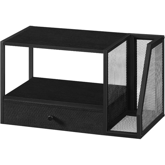 2-Tier Desktop Printer Stand with Fabric Drawer & Side Bookshelf - Under Desk Organizer Suitable for Home Office, Compatible for 3D Printer/Fax/Scanner - Compact Storage Shelf, Assembly