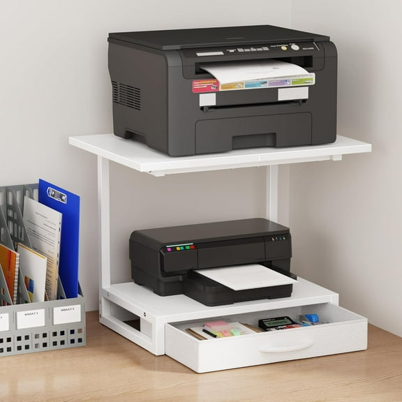 2-Tier Desktop Printer Stand with Fabric Drawer and Storage Shelf, Home Office Desk Organizer for 3D Printer, Fax Machine, Scanner, 17.3 x 11.8 Inches, Black