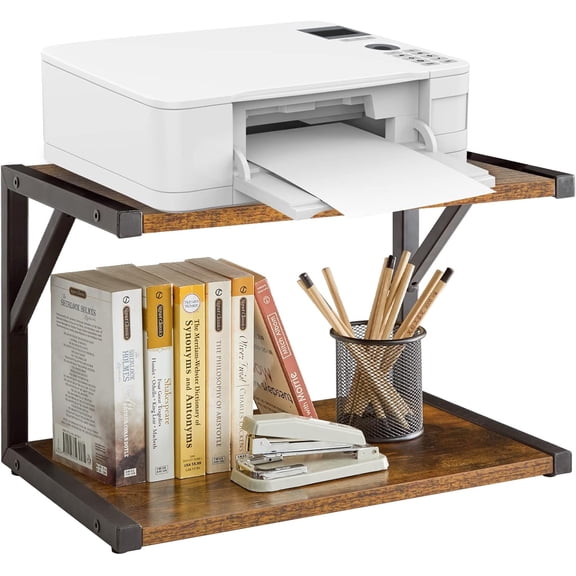 2-Tier Desktop Printer Stand Holder, Multi-Purpose Desk Organizer Storage Shelf, Book Shelf Printer Shelf for Fax Machine, Scanner, Files, Books, Rustic Brown UTLJ004H