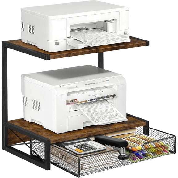 2-Tier Desktop Printer Stand with Storage Drawer, Wooden Printer Stand for Desk, Small Printer Table with Shelf for Home Office, Fits Fax Machine, Scanner, 3D Printer, Rustic Brown