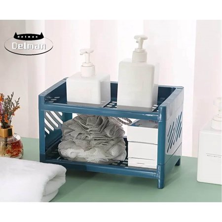 2-Tier Desktop Storage Stand Multifunctional Plastic Shelf Perfect for Home Decor Kitchen Storage Office Stationery Holder Makeup Organizer (Dark Blue)