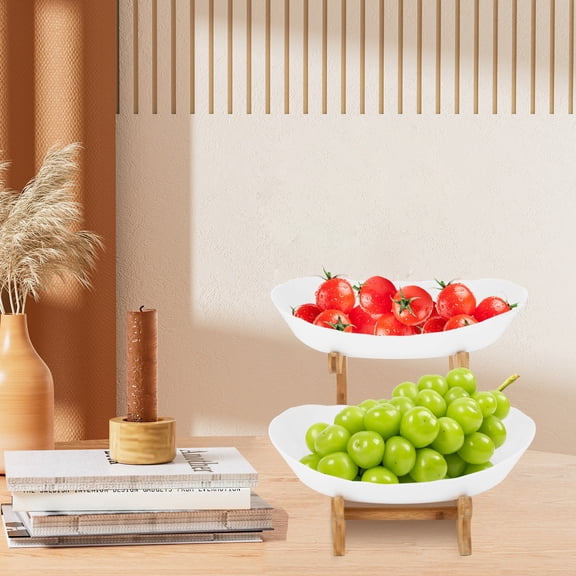 2 Tier Detachable Fruit Bowl with Natural Bamboo Frame, Food-Grade PP Countertop Storage Display Rack for Fruits Snacks Veggies, White