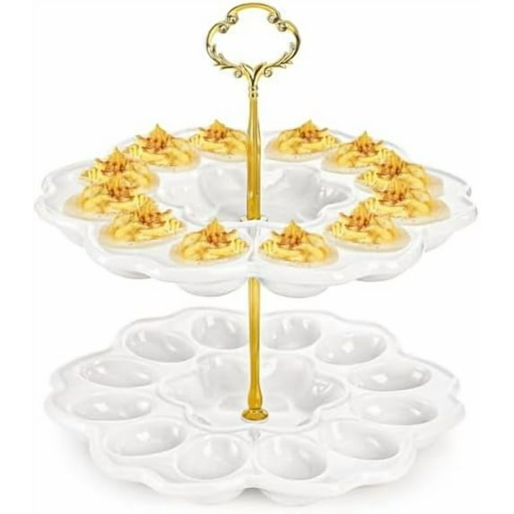 2 Tier Deviled Egg Platter, 24 Holes Deviled Egg Tray Container, Detachable Ceramic Easter Egg Holder for Kitchen Countertop, Party, Microwave Dishwasher Freezer Safe