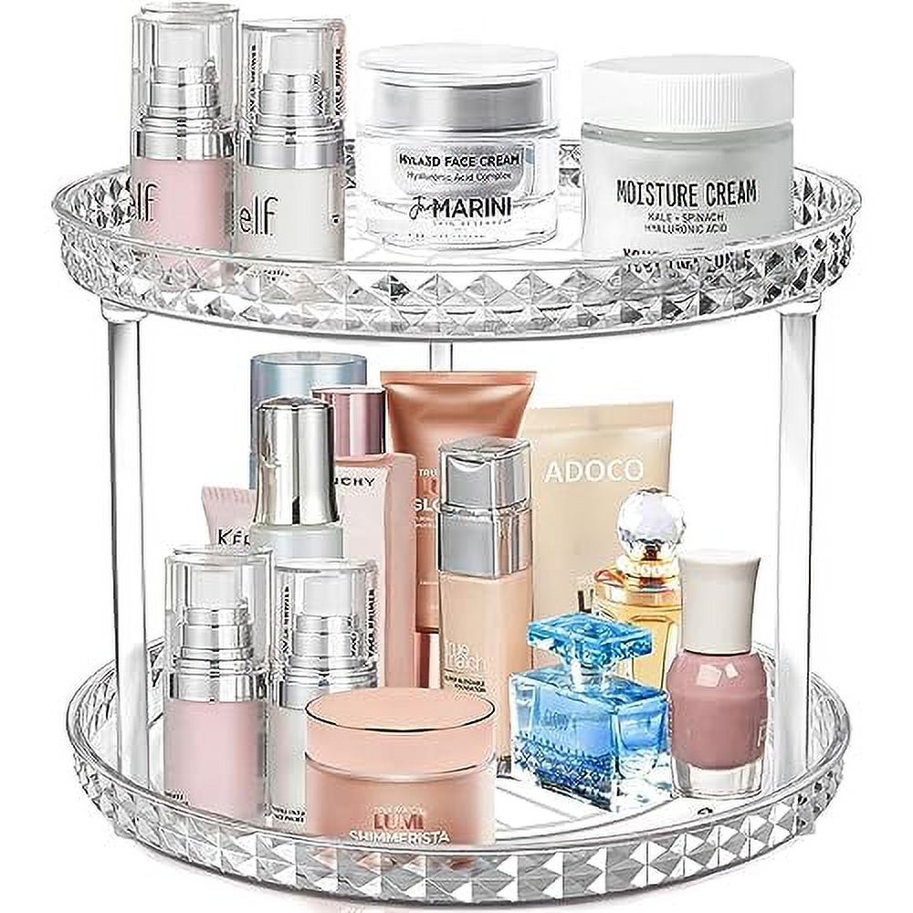 2 Tier Diamond Lazy Susan Bathroom Organizer Countertop, Clear 360 Rotating Cosmetic Makeup