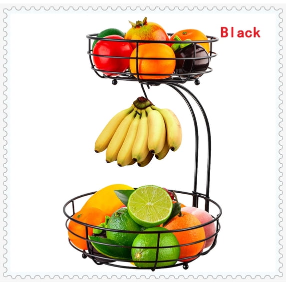 2 Tier Disassembly Black Fruit Basket Bowl,Fruit and Vegetable Bowlwith Banana Holdersin Kitchen for kitchen