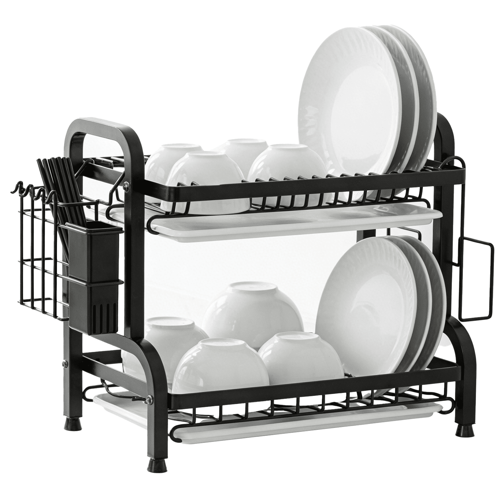 2 Tier Dish Drainer Rack, Black Dish Drying Rack with Knife and Chopstick Holder and Cutting Board Rack, 16.93x9.25x15.35 in Kitchen Rack for Dishes