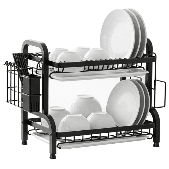 2 Tier Dish Drainer Rack, Black Dish Drying Rack with Knife and Chopstick Holder and Cutting Board Rack, 16.93x9.25x15.35 in Kitchen Rack for Dishes