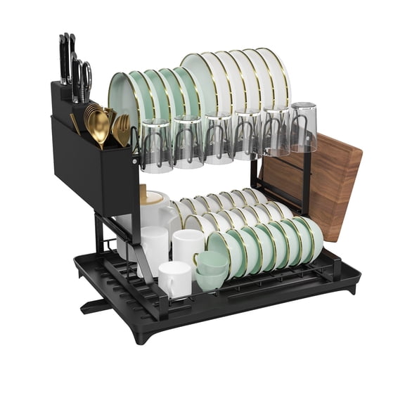 2-Tier Dish Draining rack, Black Kitchen Organizer with Utensil Holder, Cutting Board Slot & Drainage System - Space-Saving Dishwasher Drainer for Cups, Plates, Bowls & Kitchenware