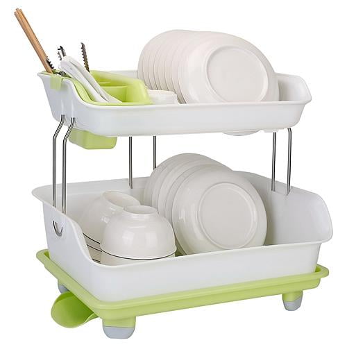 White and Green 2-Tier Metal Dish Drying Rack with Utensil Cup