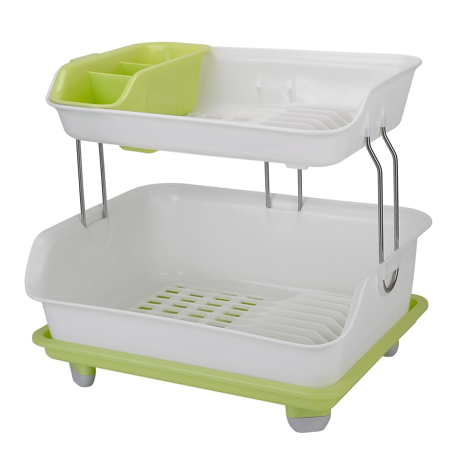 White and Green 2-Tier Metal Dish Drying Rack with Utensil Cup