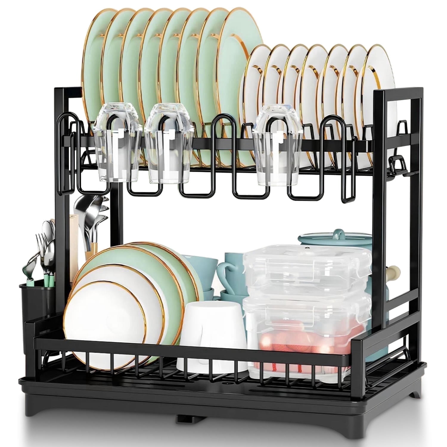 Stelive 2-Tier Dish Drying Rack Dish Drainer Dish/Cup/Cutting Board Cutlery Holder Dish Drainer Rack Multifunctional Storage Rack w/Drainboard & 360° Telescopic Drain Pipe for Kitchen (Black)