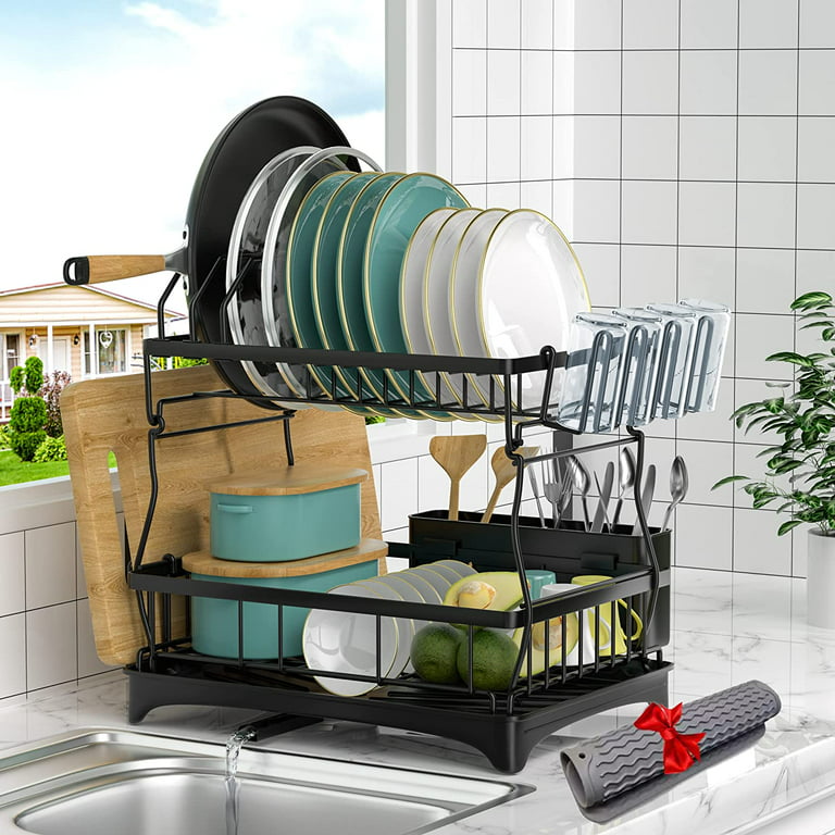 2 Tier Dish Drying Rack for Kitchen Counter, Extra Large Black