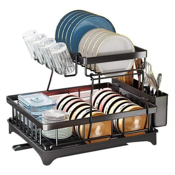 2 Tier Dish Drying Rack with Drain Board, Carbon Steel Countertop Dish Drainer for Kitchen Sink, Free Standing Black Dish Rack for Plates Bowls Cups Utensils
