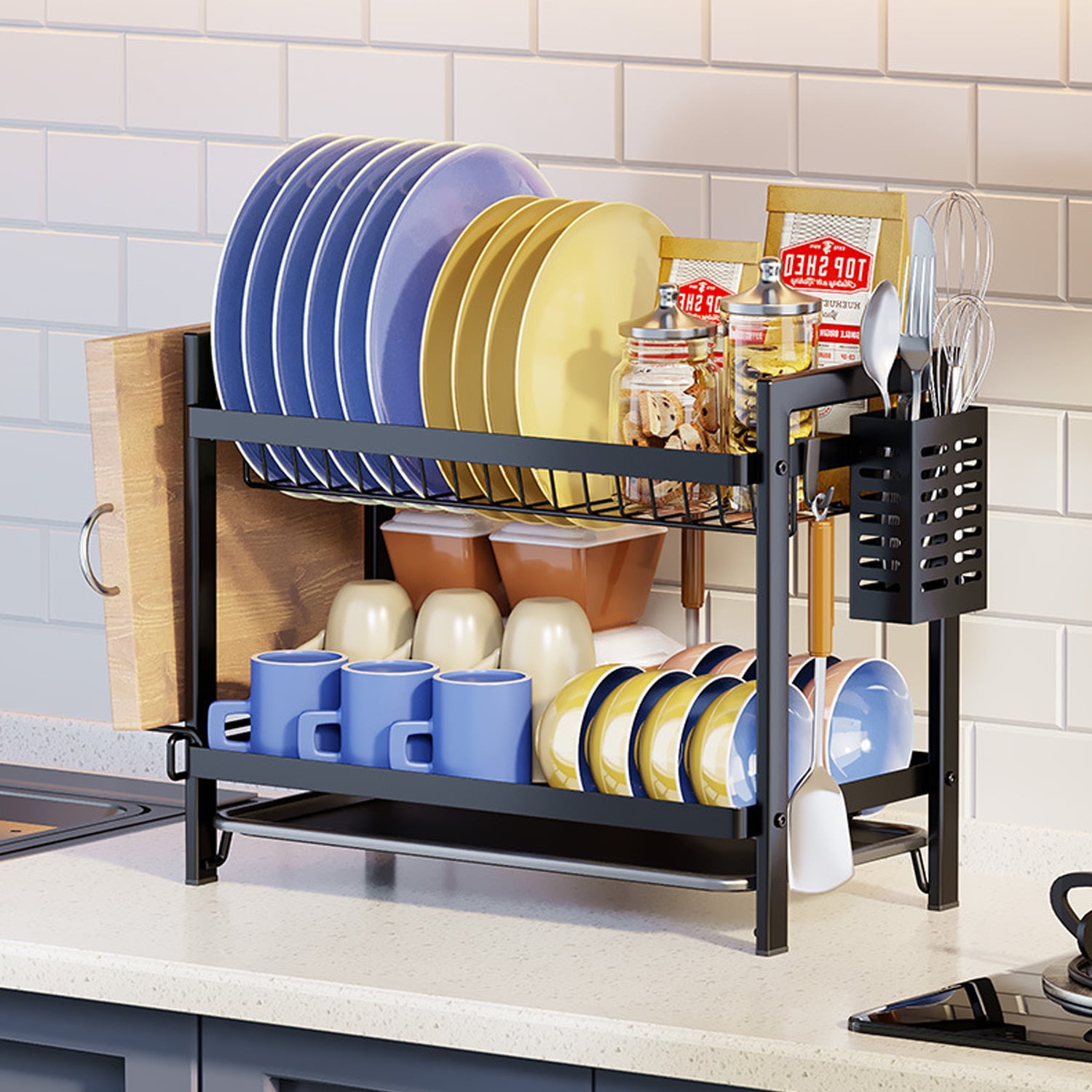 2 Tier Dish Drying Rack with Drain Board Set,Dish Drainer Rack for Kitchen Countertop,Dish Racks for Kitchen Counter, Kitchen Dish Drying Rack,Dish drainers for Kitchen Counter